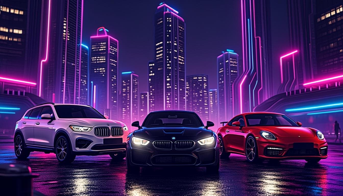 Three luxury cars parked at night in a futuristic neon city