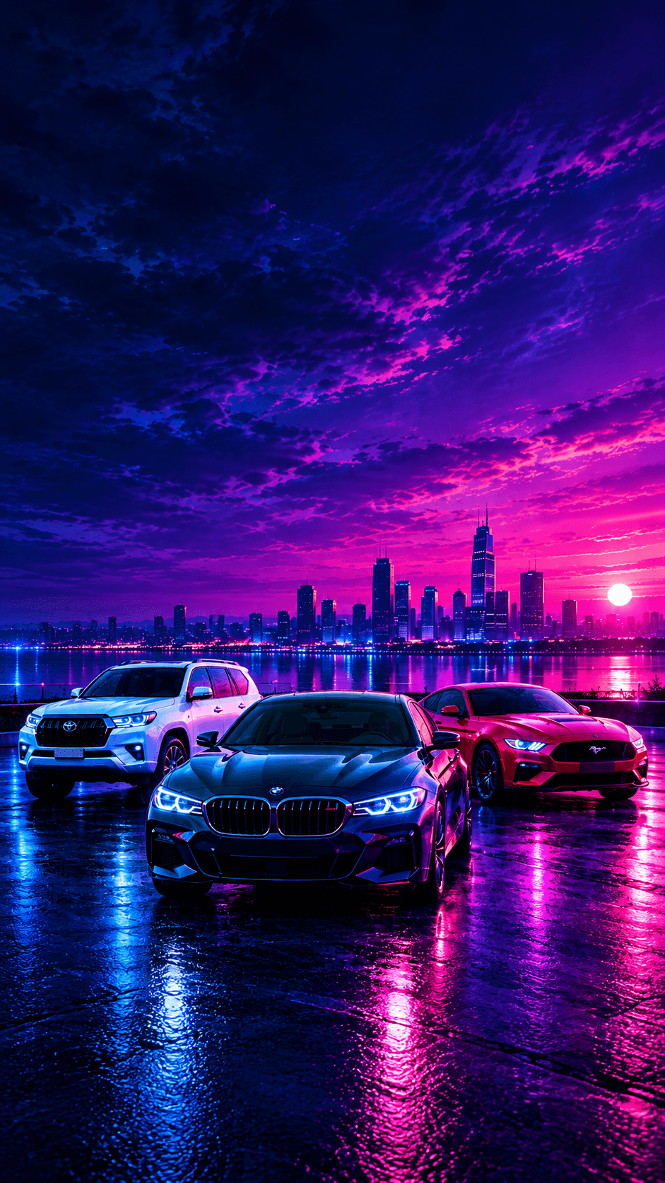 Three luxury cars parked at sunset with a city skyline